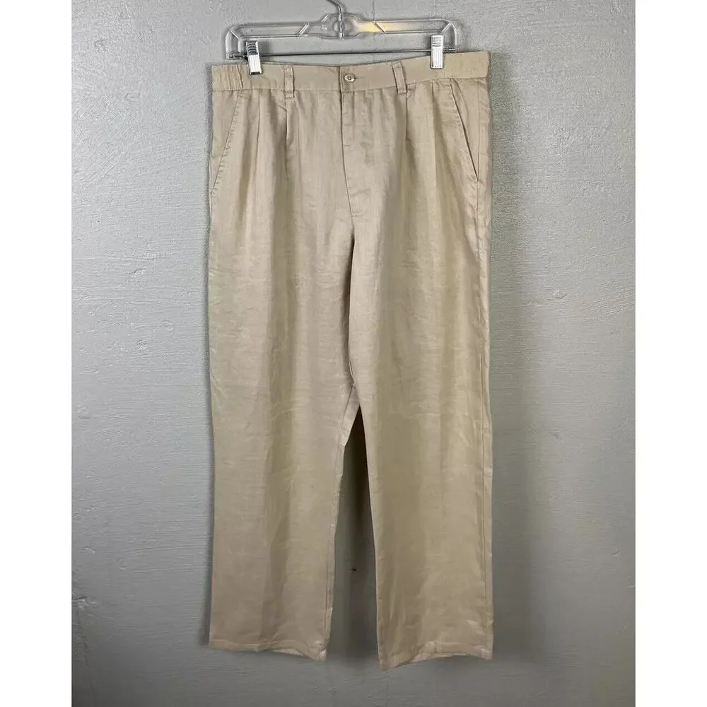 GOD BODY COLLECTION Linen Pants Mens 38 Khaki Flat Front Straight Fit